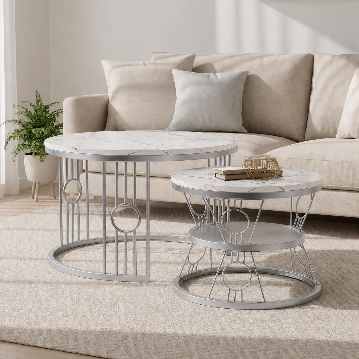 Round Coffee Table Home Décor Furniture Coffee Table Sets,2 Piece MDF Top,Stacking Nesting Table with Iron Frame for Living Room Living Room or Lounge (Silver & White)-image-1