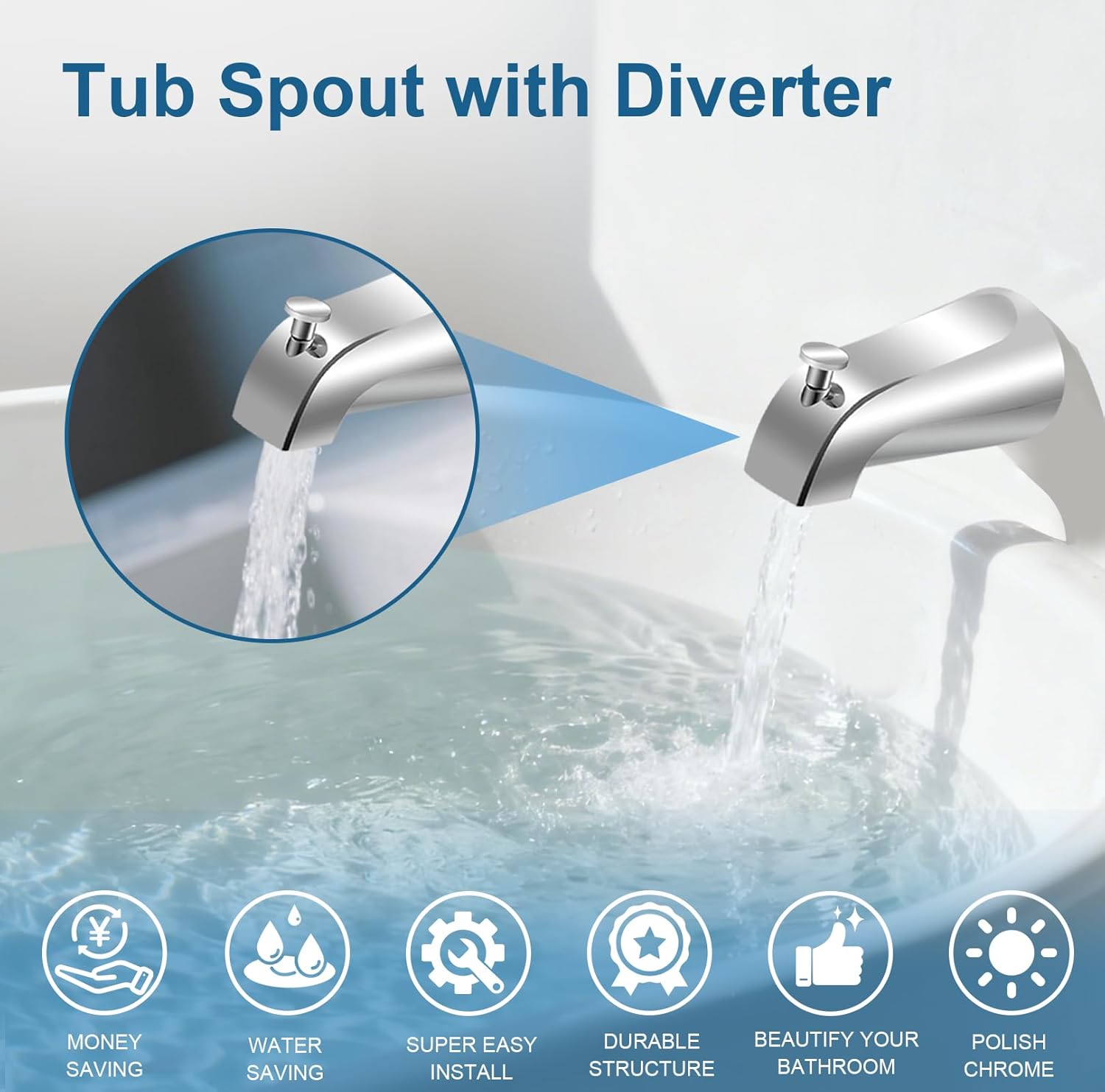 Universal Tub Spout for 1/2" Copper Pipe, 1/2" IPS and 3/4" IPS, Bathtub Spout with Diverter and Adapter and Hex Wrench (Chrome)