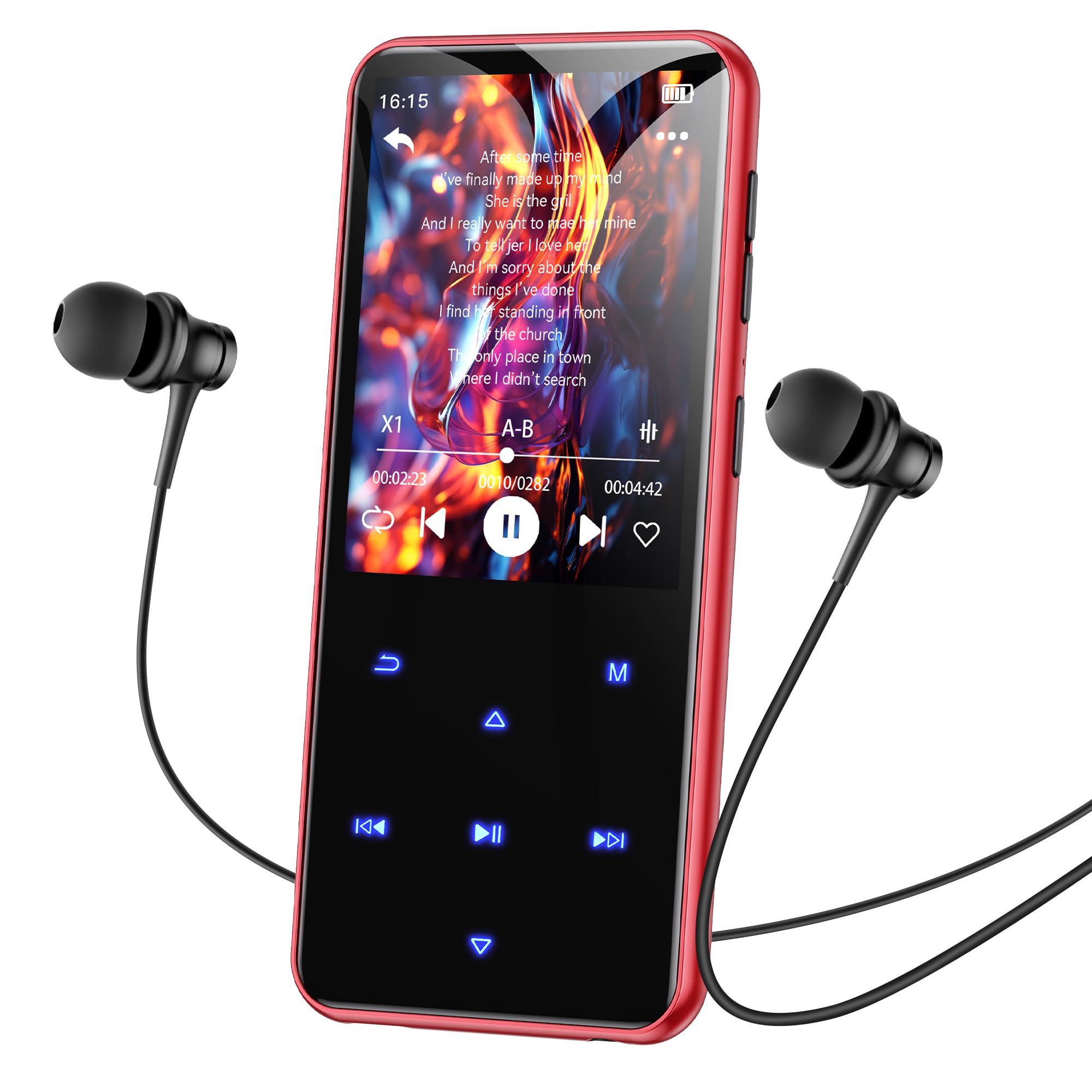 AGPTEK 64GB MP3 Player with Bluetooth, M3 2.4 inch Music Player with Speaker and FM Radio, Touch Buttons, Supports Up to 128GB (Black Red)