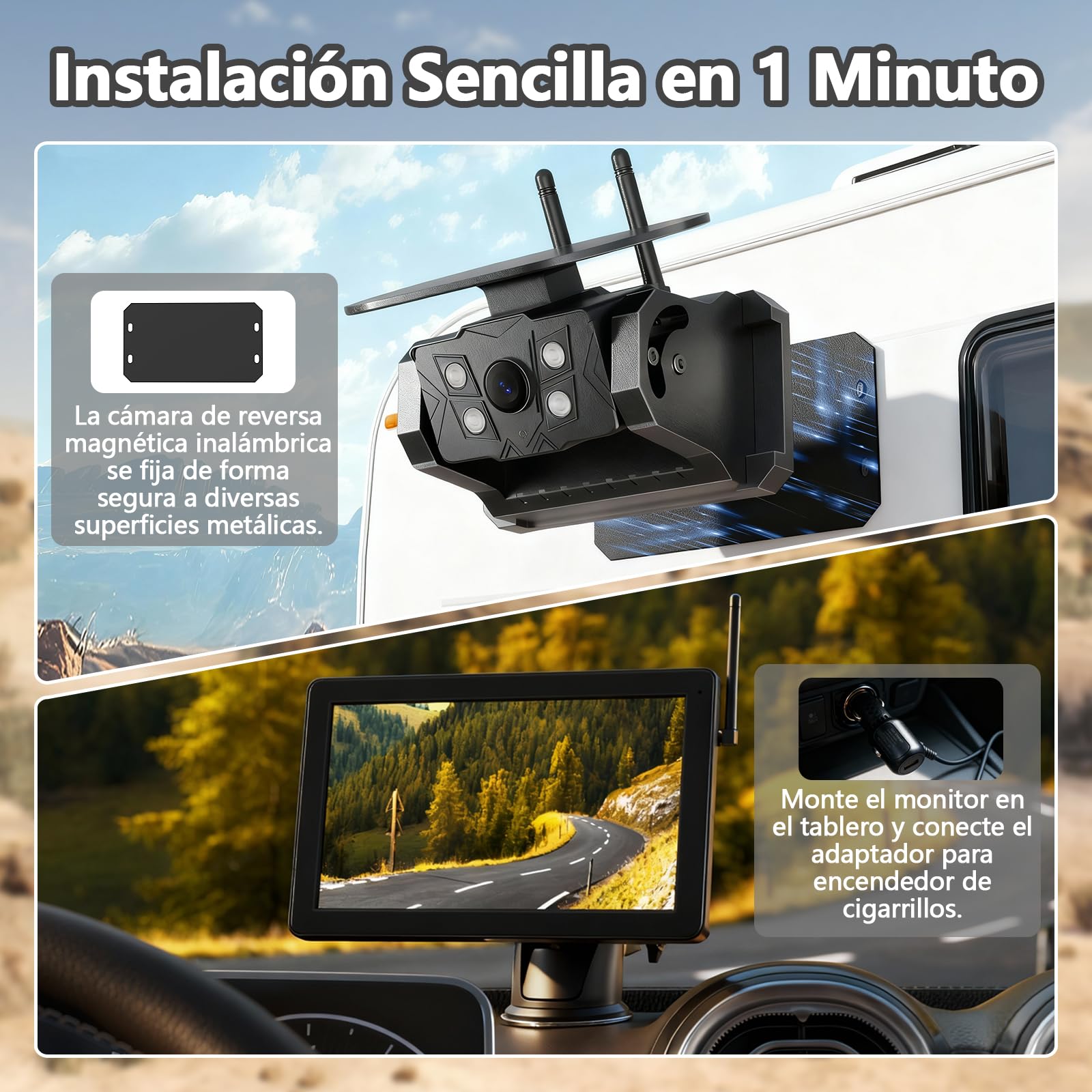 Solar Camara Trasera Coche Inalambrica Magnética, 7'' 1080P Monitor 9600mAh Cámara de Marcha Atrás, Vision Nocturna, para Furgoneta, Caravana, Remolque, Camiones(VS-7C)