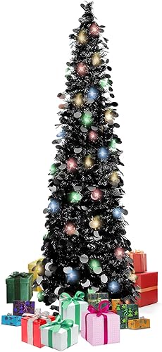 Árbol de Navidad de lápiz de 5 pies, árbol de Navidad plegable con lentejuelas artificiales, árboles de Navidad de oropel delgado, árbol de Navidad