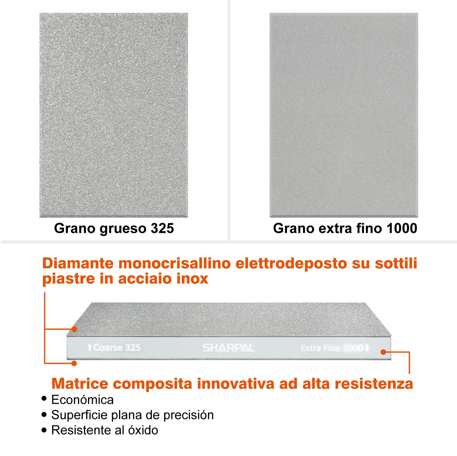 SHARPAL 168H Piedra de Afilado de Diamante 201x75mm Doble Grano Grueso 325 y Extra Fino 1000
