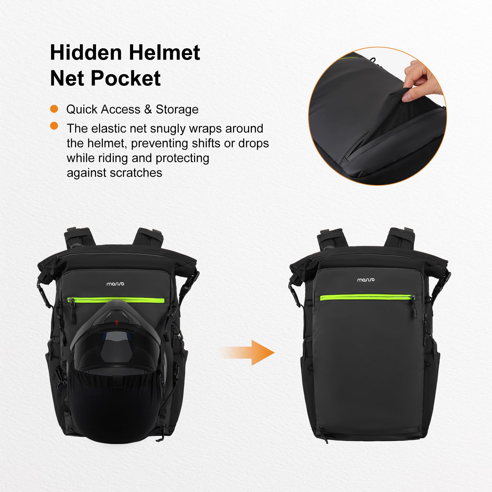 MOSISO Zaino Portacasco Moto, Zaino Equitazione Grande Capacita per Motociclisti, Borsa Espandibile per Casco Moto con Scomparto Posteriore Completamente Aperto per Laptop e Rete Nascosta, Nero
