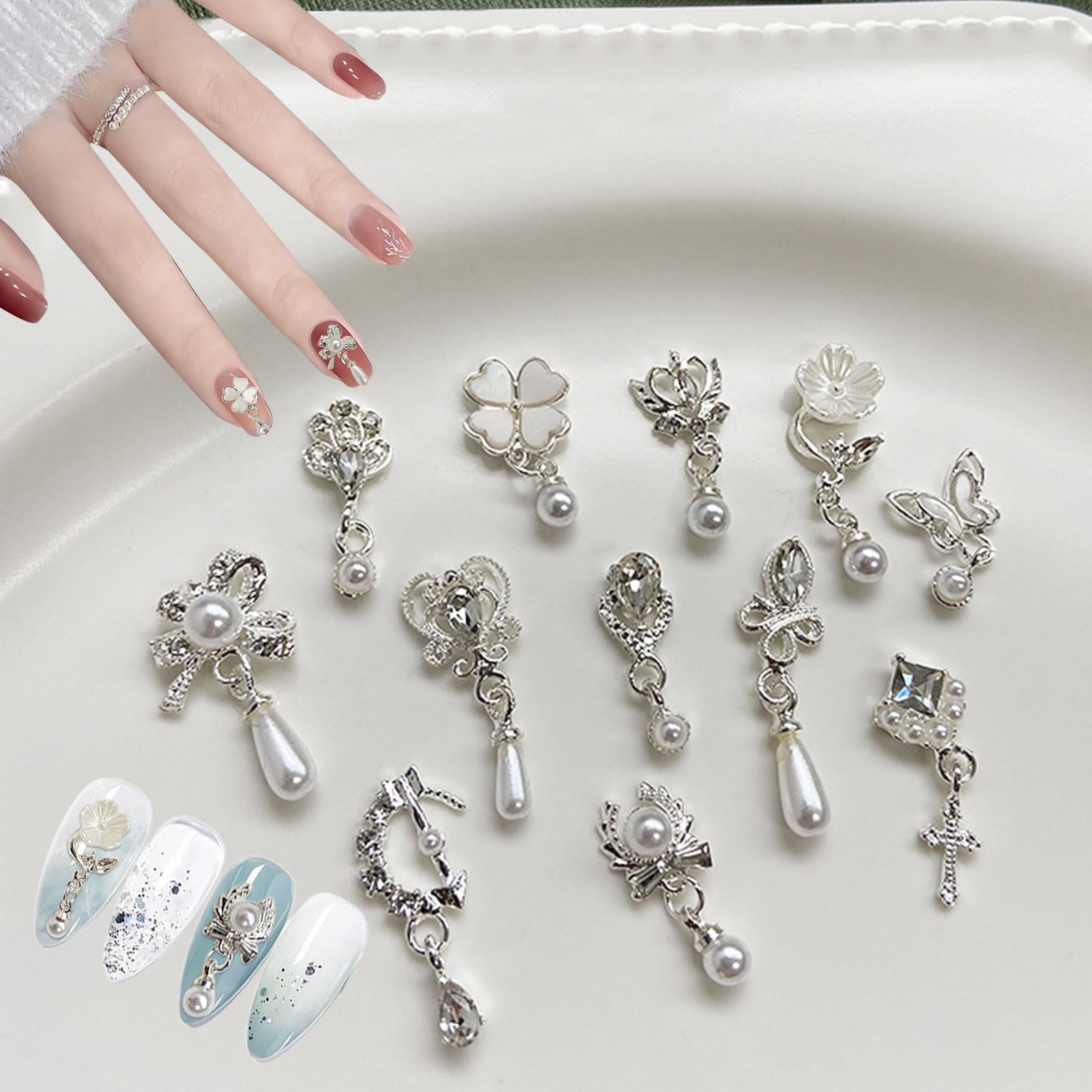 OTKARXUS Dangle Nail Charms,20PCS Luxury Butterfly Flower Pearl Bow Nail Gems,3D Silver Alloy Metal Nail Rhinestones and Gems Nail Jewelry for Nail Art Design Decoration (Silver B) - Image 3