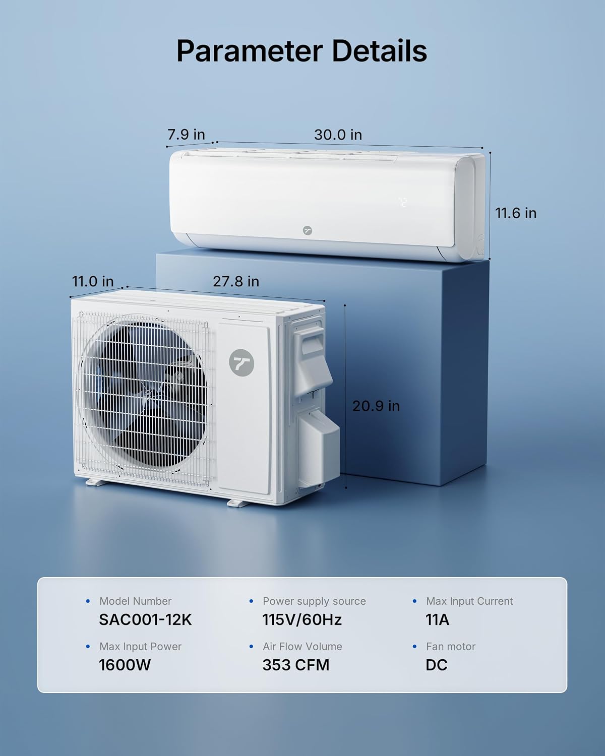 Diagram showing dimensions and key parameters of Temprium Mini Split AC indoor and outdoor units