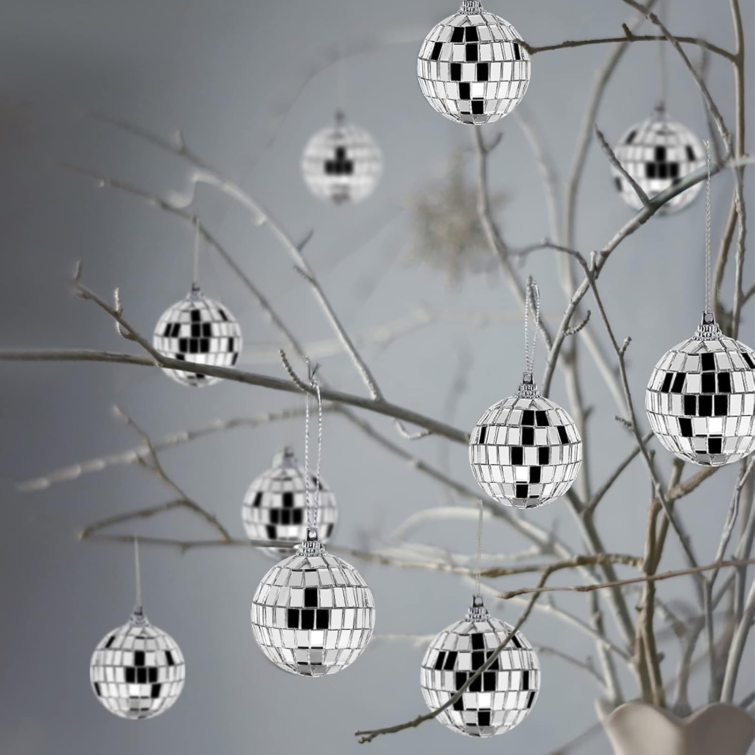 24 Pcs Mirror Disco Ball Hanging, Swovo 70s Silver Disco Hanging Ball with Reflective Mirror for Home Decorations, Christmas Tree, Party Favor, Stage Props, Dance Supplies (1.57in/4cm)