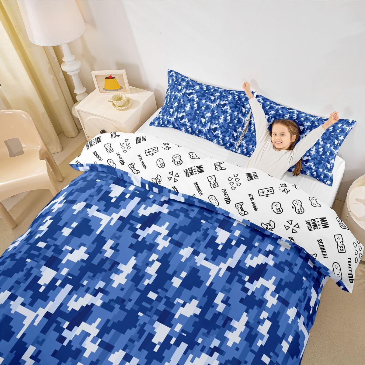 Pixelated Miners Grid Duvet Cover Set Toddler Size,Royal Blue Checkered Bedding Set 2pcs,Geometric Miner Gaming Quilt Cover with Zipper Closure,Kids Boys Girls Room Decor,1 Pillowcase,No Comforter image 3