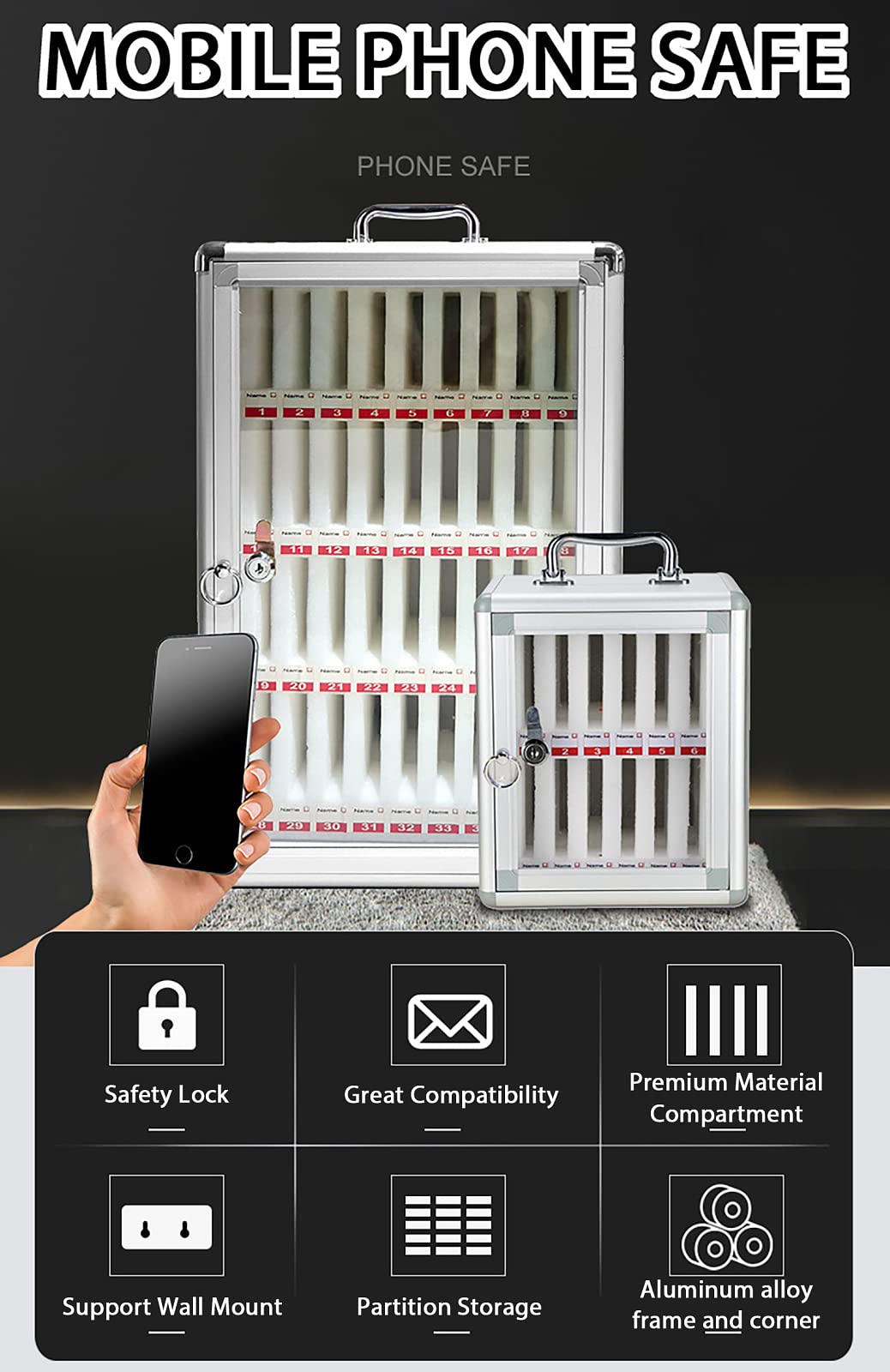 Naścienna szafka do przechowywania telefonu, 36 gniazd, zamykana, do biura, szkoły i spotkań, przezroczysta konstrukcja zapewniająca bezpieczne przechowywanie urządzeń, dostępne 24 dodatkowe gniazda