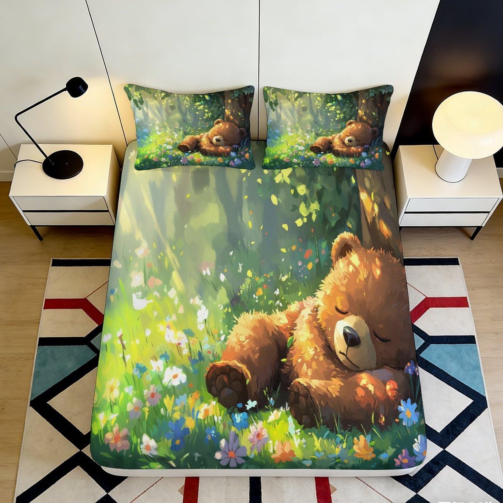 3D Printed Sleeping Bear Microfiber Fitted Sheet Soft Breathable Forest Flowers Bed Cover for Bedroom Dormitory Guest Room Mattress Protection 160x200x25cm