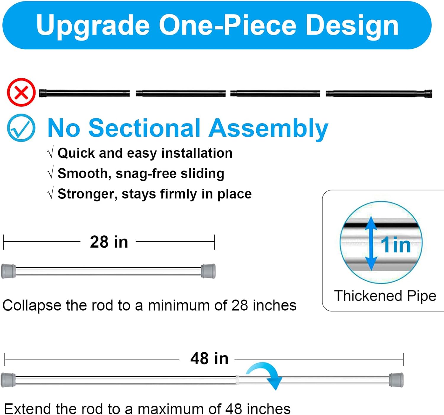 No Sectional Assembly Tension Curtain Rod 28-48 Inch, 1" Diameter Spring Long Adjustable Shower Curtain Rods for Bathroom Windows Closet No Drilling No Rust, Silver