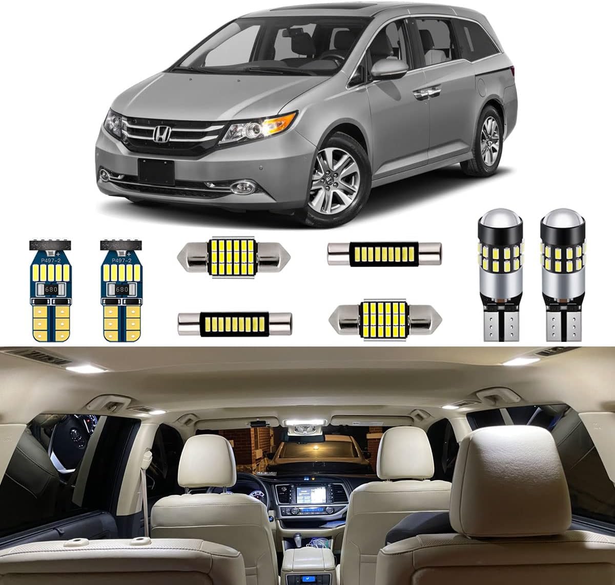 White LED Interior Lights Kit for Honda Odyssey 2011 2012 2013 2014 2015 2016 2017 Super Bright 6000K Interior LED Light Bulb Package + Install Tool