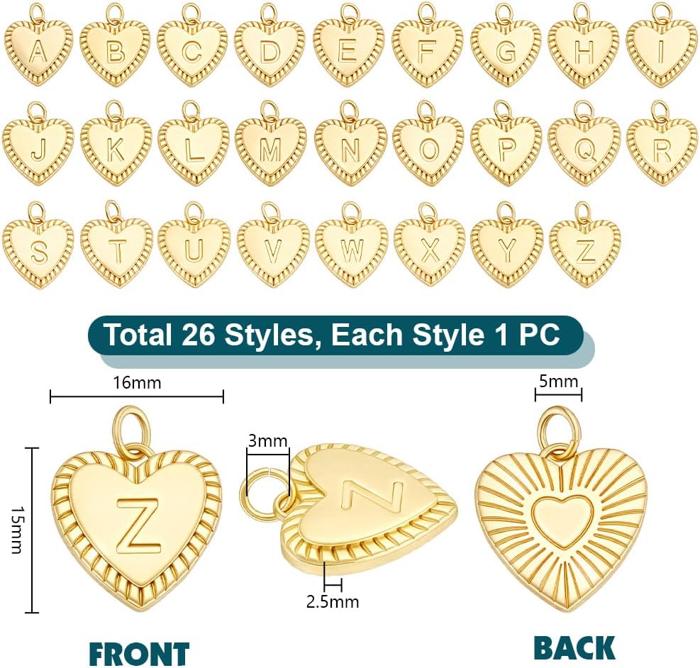 PH PandaHall 26pcs 18K Gold Plated Letter Charms, 16mm A-Z Alphabet Letters Charms Brass Love Heart Charm Pendant Gold Initial Charm for DIY Earrings Bracelets Necklaces Crafts Making