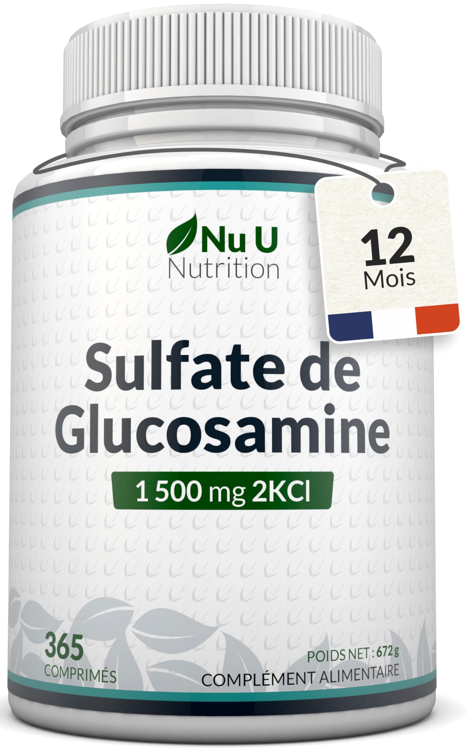 Glucosamine 1500 mg 2KCl - 365 Comprimés pour 1 An - Haute Puissance - Complément Alimentaire de Nu U Nutrition