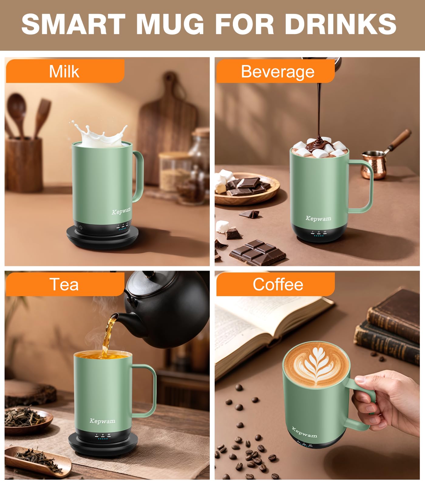 Kepwam Taza de café con calefacción T1-16 onzas, calentamiento rápido y mayor duración de la batería, taza de café autocalentable hasta 65.0 °C, botón físico y control por aplicación, taza calentadora