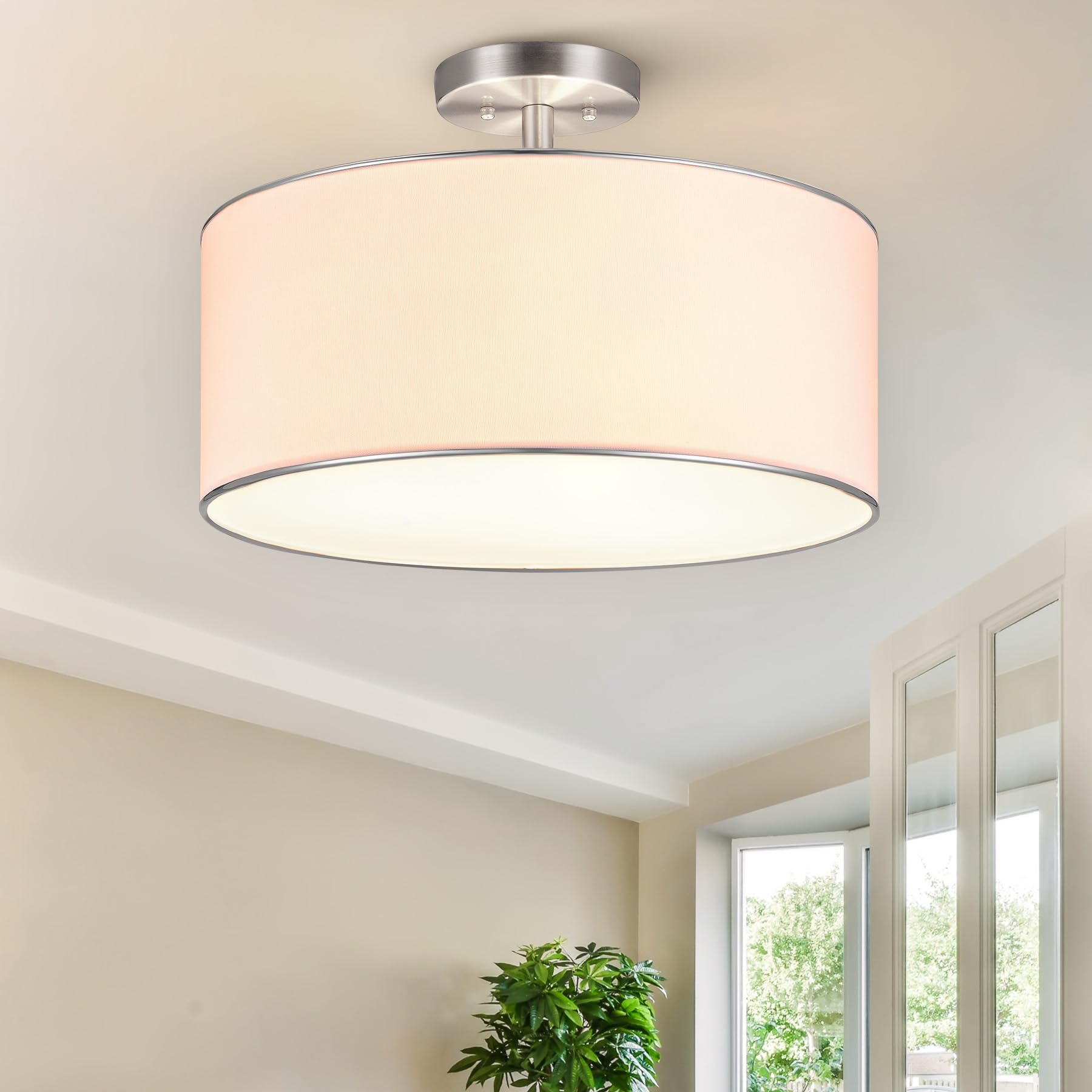 CO-Z Ceiling Drum Chandelier, 18" Brushed Nickel 3 Light Drum Chandelier, Semi-Recessed Contemporary Ceiling Lighting Accessory with Diffused Lampshade for Kitchen, Hallway, Dining Room Table, Bedroom, Bathroom