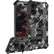 CCSmall Military Grade Shockproof Case for iPhone 16, Camouflage Protective Rugged Phone Cover with Folding Kickstand for Apple iPhone 16 Case Camo Black