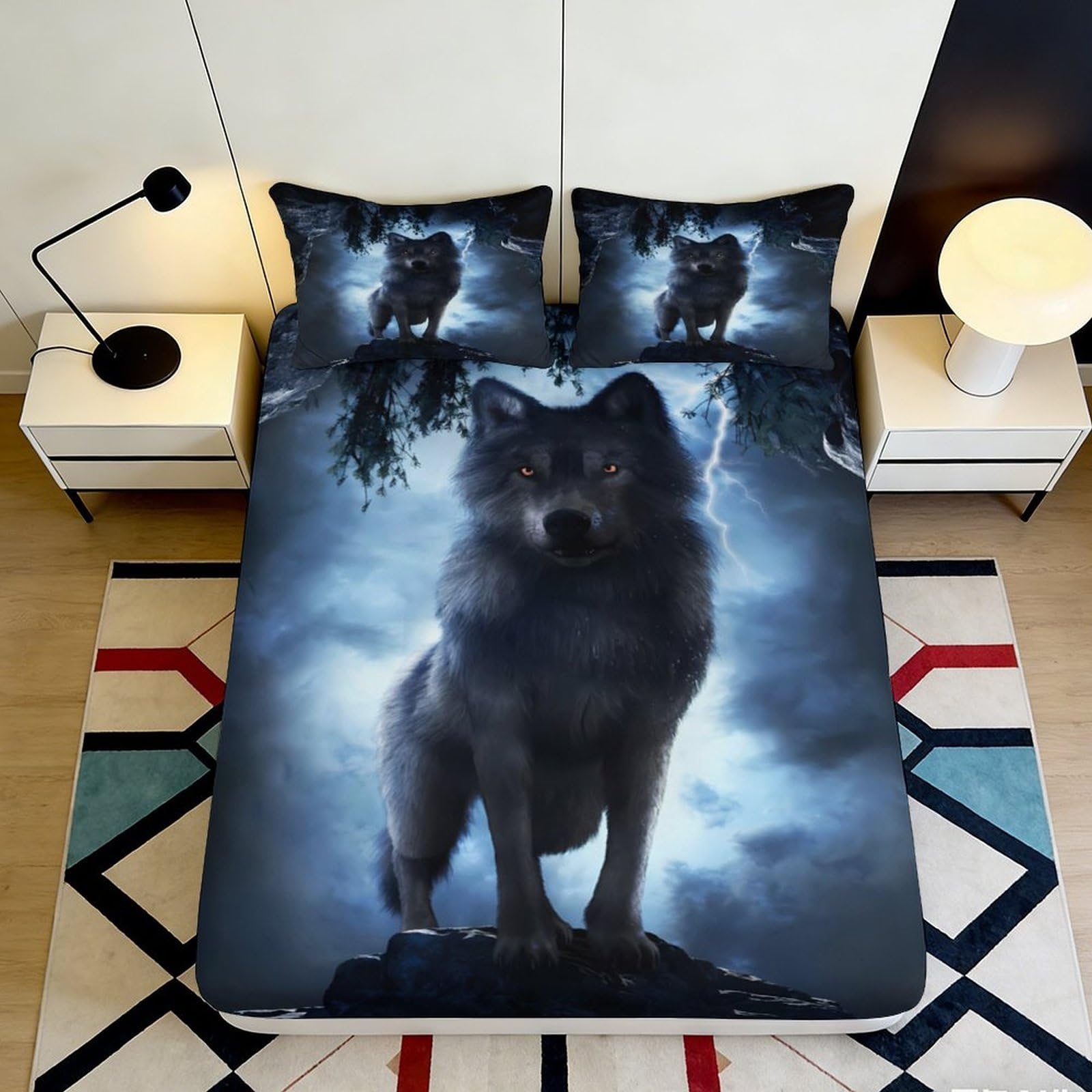 3D Printed Wolf Moon Fitted Sheet Microfiber Soft Anti-Slip Forest Bed Sheet for Bedroom Guest Room Decor 90x200x25cm