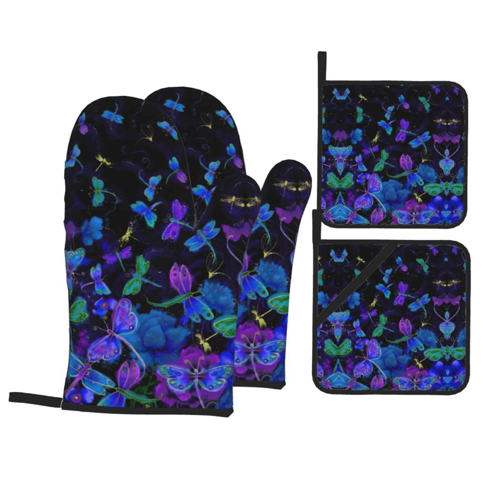 Blue Dragonfly Print Stylish 4-Piece Microwaving Oven Waterproof Kitchen Gloves Baking Holiday Cooking