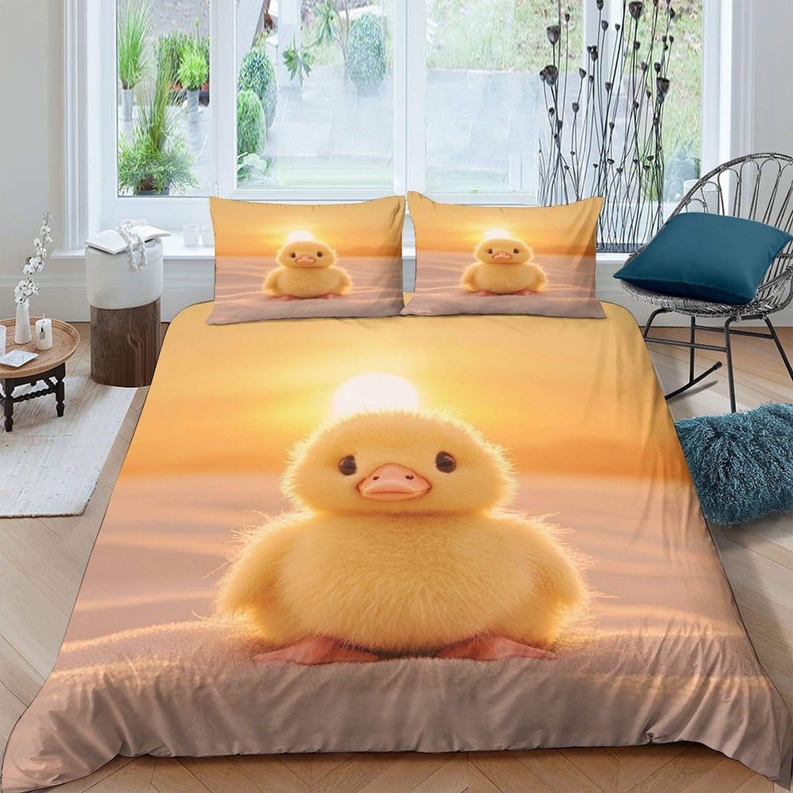 Ctjqhvkz Style-9 3D Printed Cute Duck Fitted Sheet Microfiber Soft Yellow Sunset Duckling Mattress Cover Anti-Slip Machine Washable For Bedroom Home Decor Single（135X200cm）