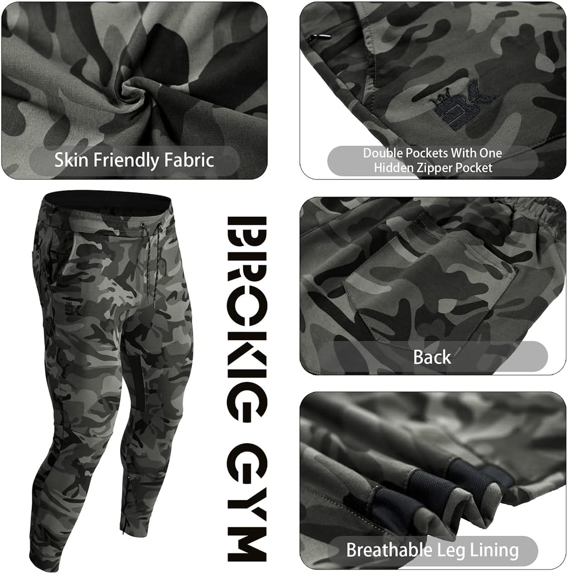 BROKIG Men Fitted Gym Sweatpants,Casual Slim Workout Jogger Pants with Zipper Pocket Bodybuilding Athletic Tapered Pants - Image 5