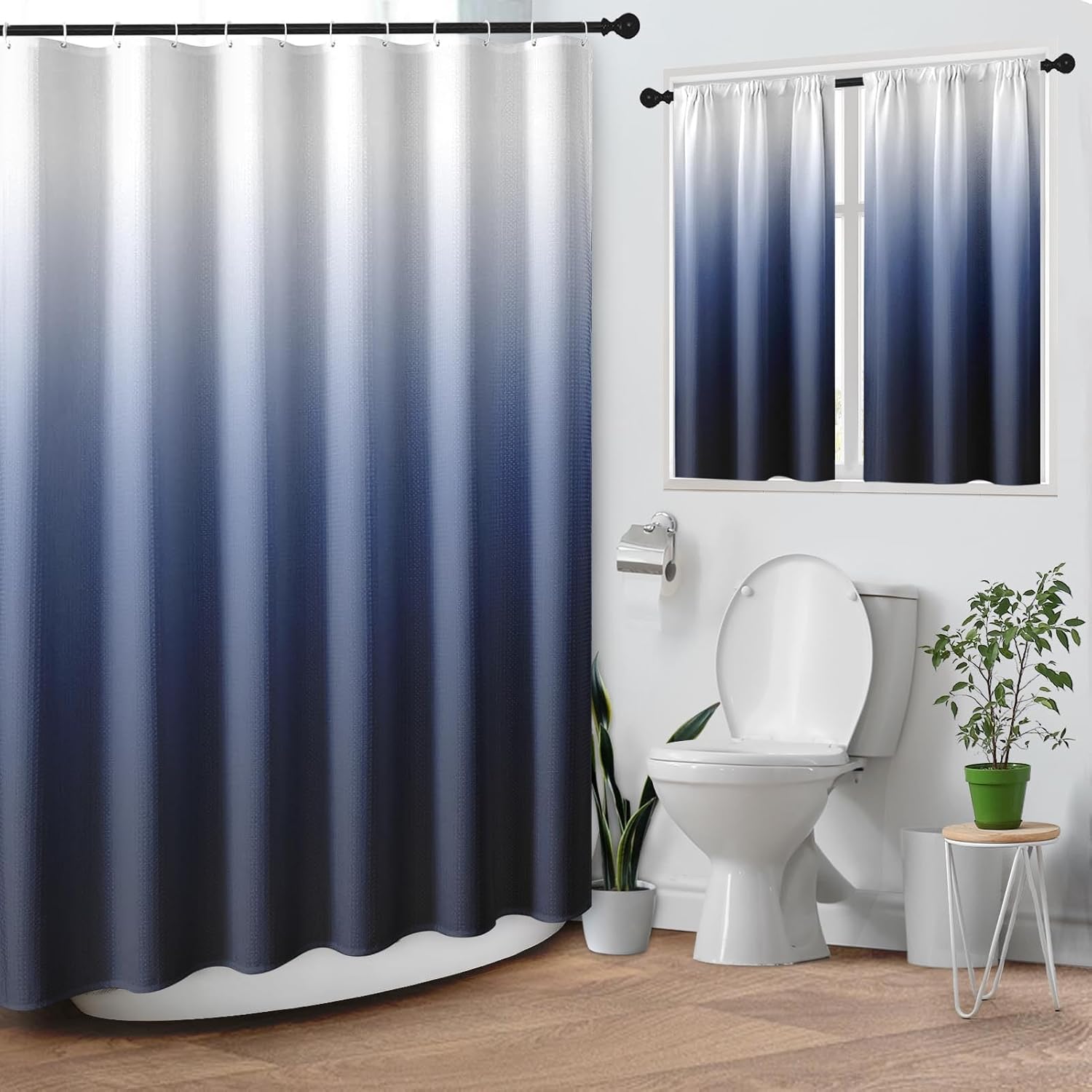 Navy Blue Ombre Waffle Textured Cloth Shower Curtain Set, Modern Gradient Bathroom Window Waterproof Shower Curtains for Bathroom Decor