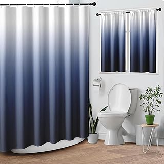 Navy Blue Ombre Waffle Textured Cloth Shower Curtain Set, Modern Gradient Bathroom Window Waterproof Shower Curtains for Bathroom Decor