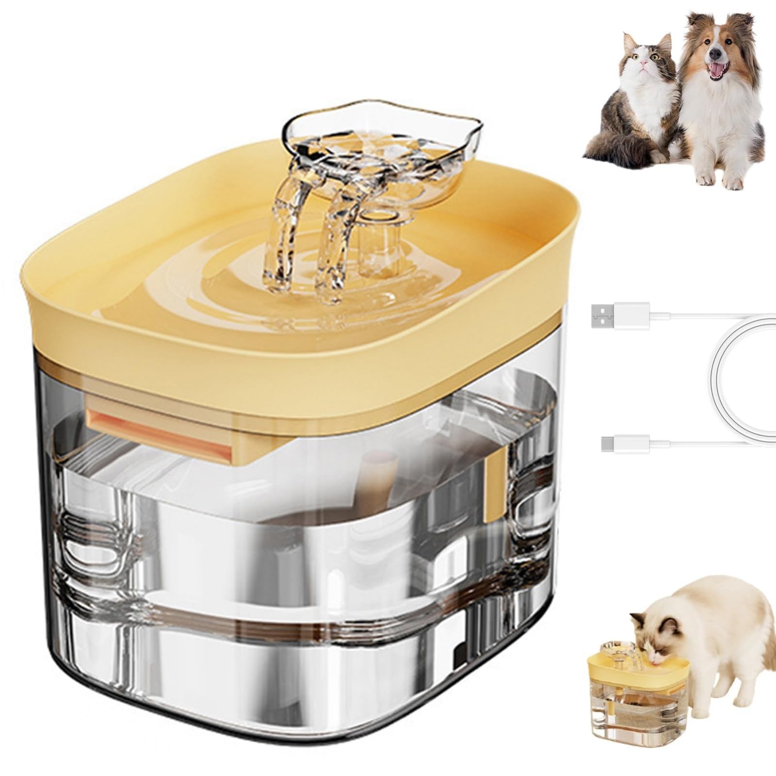 Cat Water Fountain - 1.8L Clear Kitten Drinker,Automatic Drinking System,Pet Hydration Accessory,for Trainers Home Office Bedroom Living Room Study Daily Routine (Yellow)