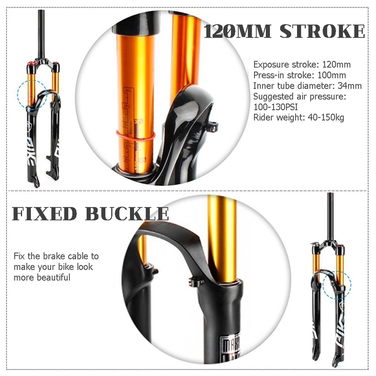 Horquilla de Suspensión Neumática for MTB de 26/27,5/29 Pulgadas, Aleación de Magnesio Tubo de Dirección Recto de 1-1/8" Recorrido de 120MM