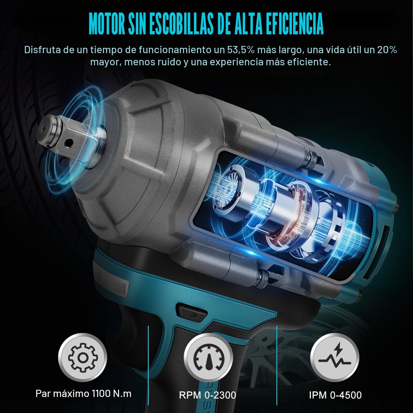 Llave de impacto con batería de 1100 Nm para Makita 18 V batería (sin batería), llave de impacto sin escobillas de 1/2 pulgadas con 7 llaves de vaso y luz LED