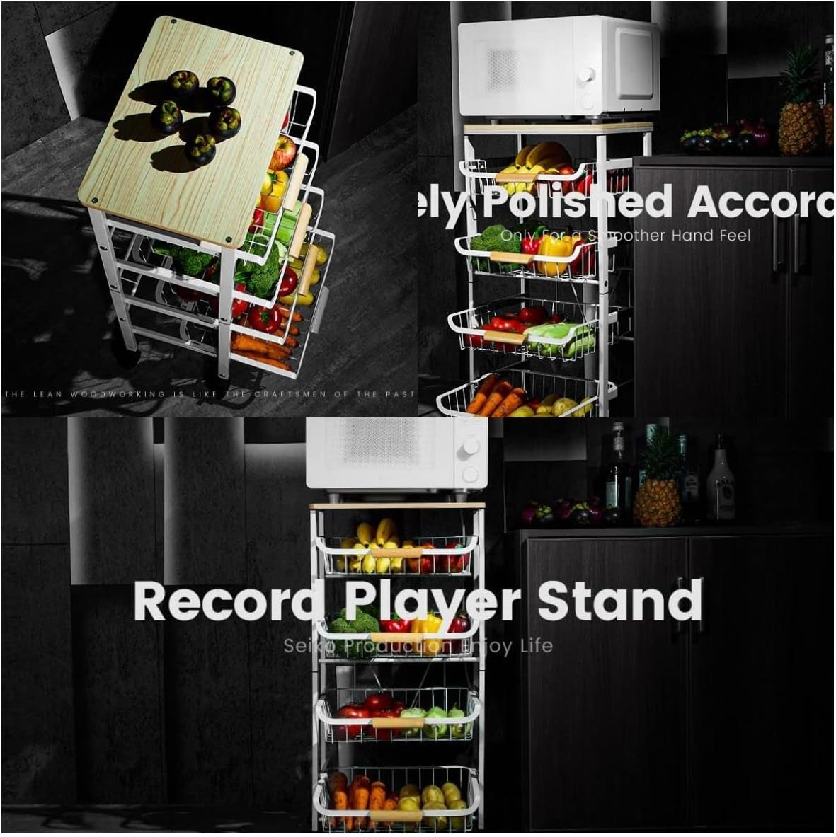 Kitchen Storage Rolling Cart on Wheels, Kitchen Cart with Storage and Wheels, Metal Rolling Utility Cart Mesh Basket Pantry Cart Rack with Wooden Tabletop and Easy Put-Out Handle for Home Office