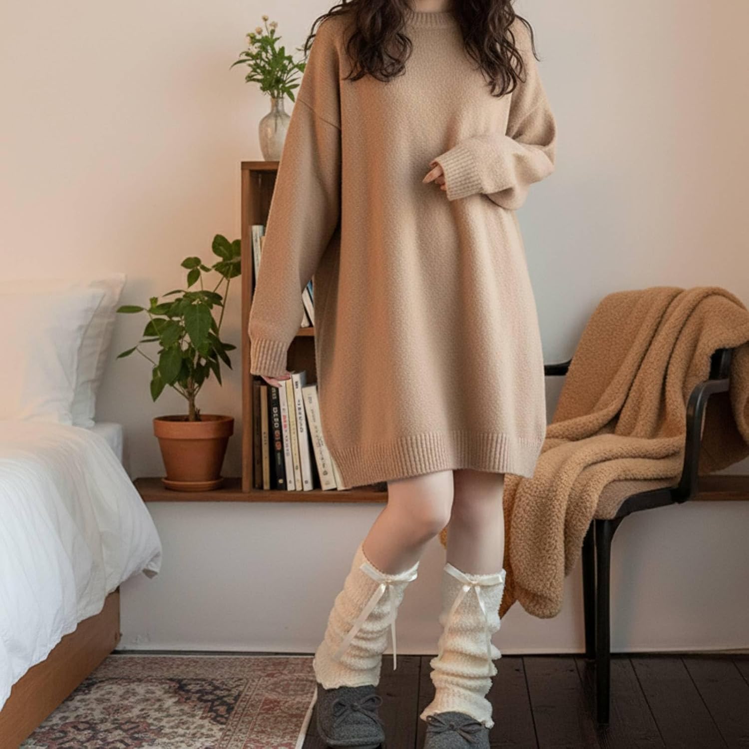 Fuzzy Leg Warmers for Women Girls Cute Bow Y2K Leg Sleeve Socks for Boots Winter White Soft Fluffy Ankle Wamers - Image 4