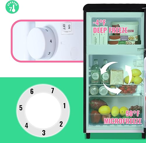 Miniatura 4 de Mini refrigerador negro de 3.5 pies cúbicos de 2 puertas con congelador, refrigerador pequeño con 7 controles de temperatura ajustables, 2 estantes
