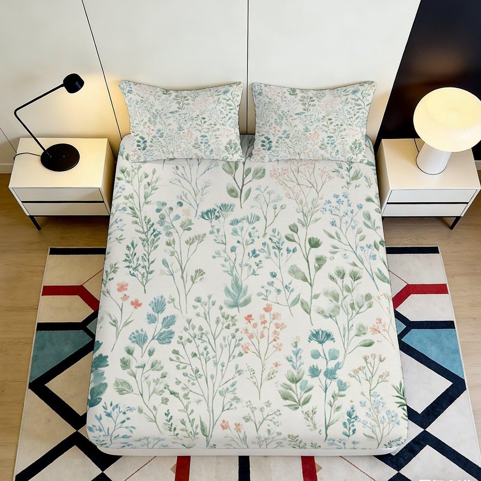 3D Printed Botanical Fitted Sheet Microfiber Floral Pattern Bed Cover with Anti-Slip Protection for Bedroom Dormitory Guest Room Mattress 160x200x25cm
