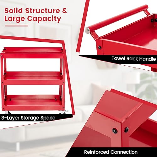 Miniatura 5 de Goplus Carrito utilitario de 3 niveles, carrito de herramientas de servicio comercial resistente con ruedas bloqueables, capacidad de carga de 330