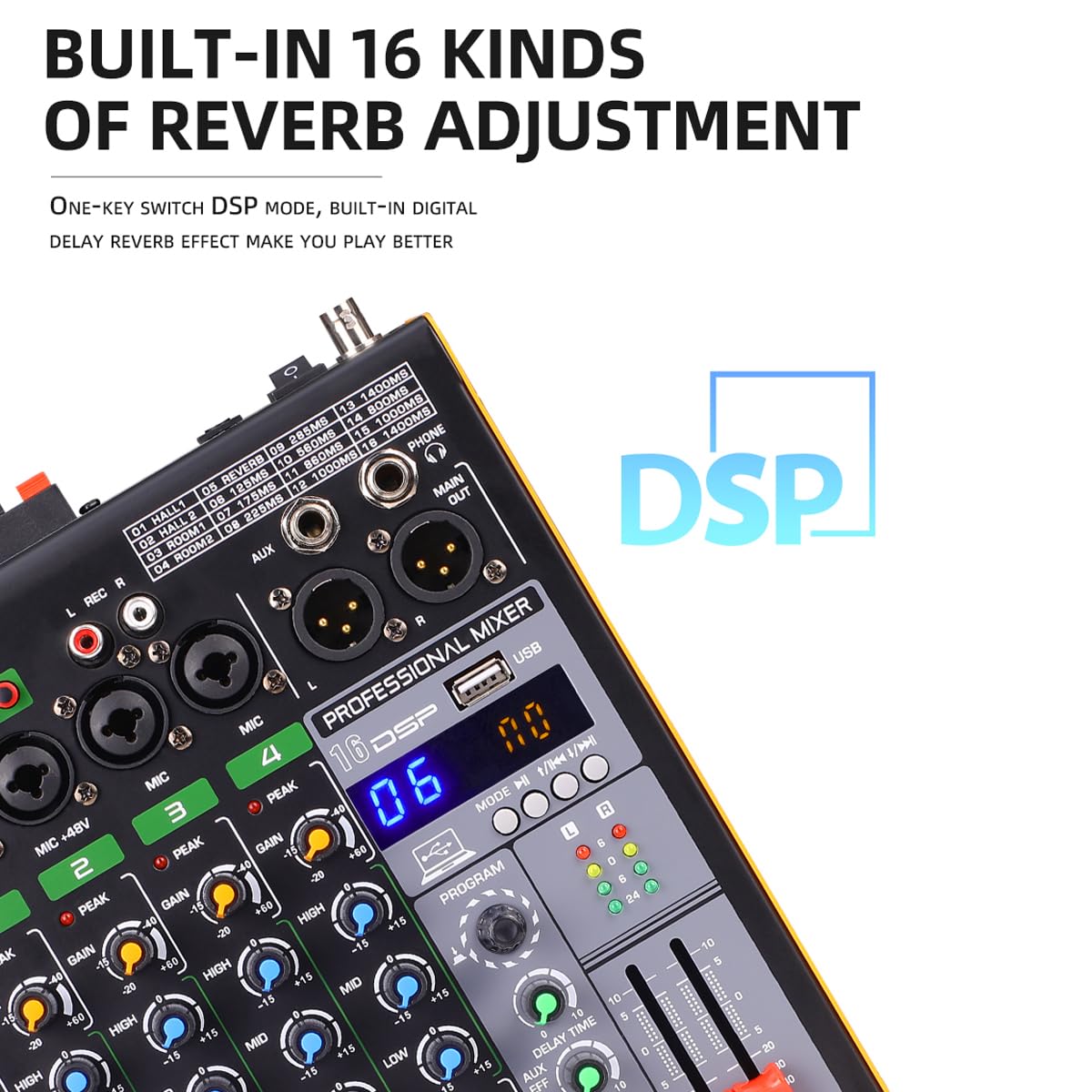 Consola de Mezcla de 4 Canales, Mezclador de Audio portátil Bluetooth, 16 Efectos DSP, Entrada USB/MP3, con 2 micrófono inalámbrico de frecuencia Ajustable para Estudio