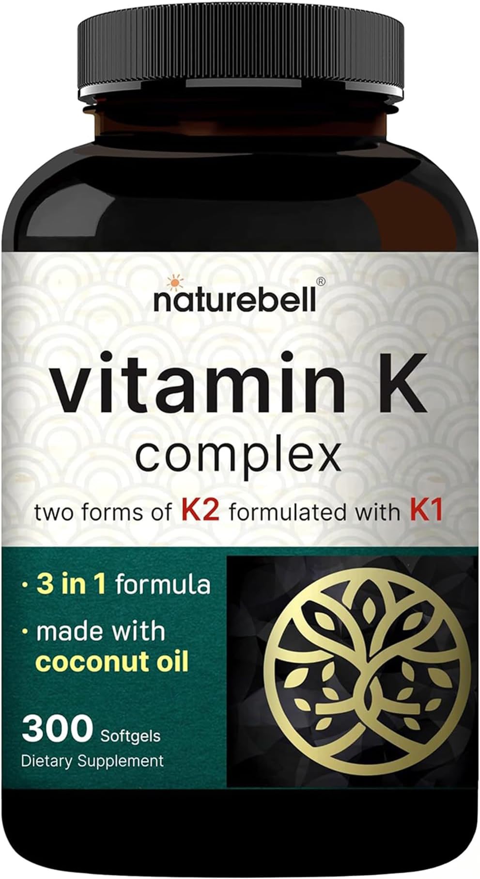 NatureBell Vitamin K Complex, K1 + K2 (MK-7 & MK-4) 2,600mcg Per Serving, 300 Coconut Oil Softgels | Max Absorption – Full Spectrum K Vitamins Supplement | Heart & Bone Support | Non-GMO