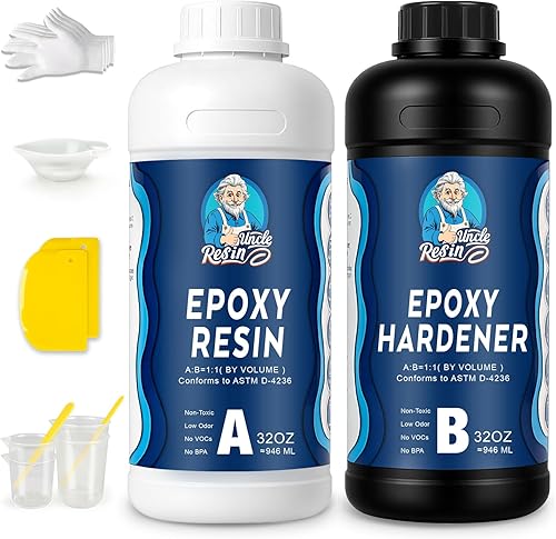 UncleResin Kit de resina epoxi de 64 onzas, relación 11, autonivelante, resina transparente con acabado antiamarilleamiento y sin burbujas para
