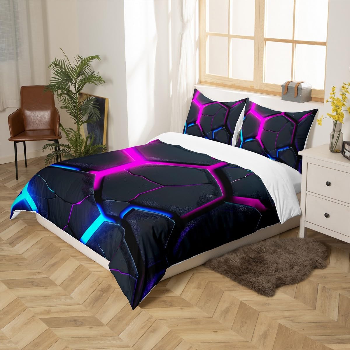 Geometric Honeycomb Duvet Cover Set Queen Size,Abstract Hexagon Modern Artwork Bedding Set for Boys Girls Men Room Decor,Neon Blue Purple Patchwork Comforter Cover,Fashion Quilt Cover,2 Pillowcases