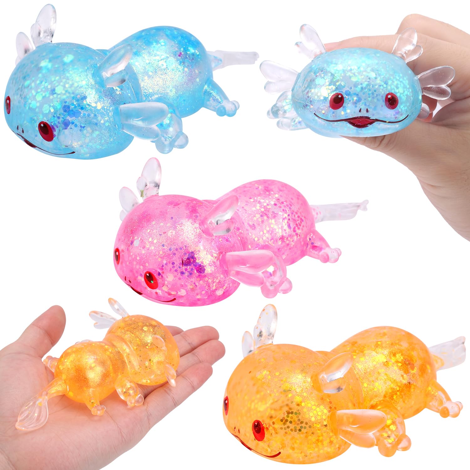 3pcs Axolotl Toy Stress Balls, Cute Glitter Sugar Squeeze Squishy Salamander Soft Animal Relief Fidget for Adults Kids Soothing Gift (Yellow, Pink, Blue)