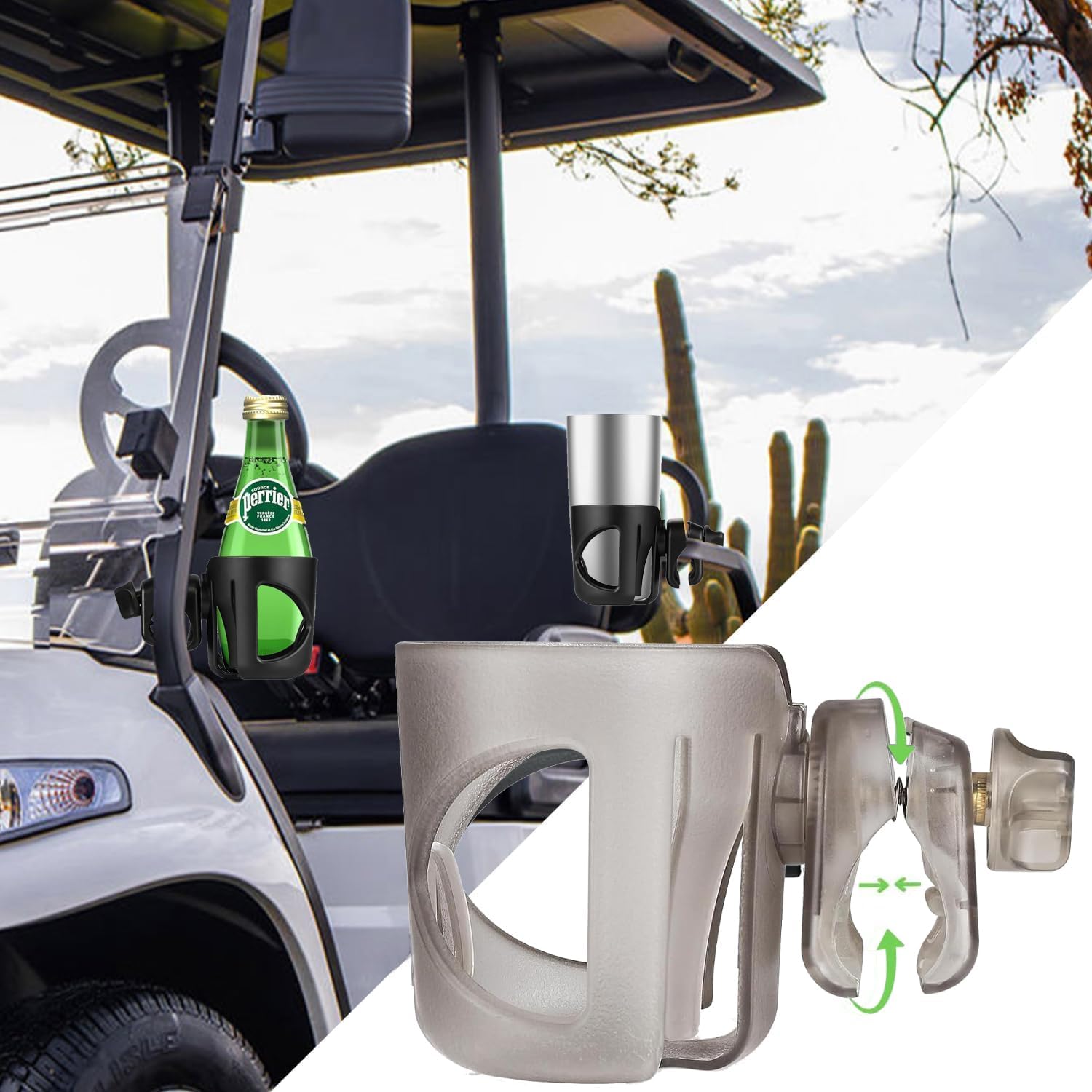 New Golf Cart Cup Holder Compatible with EZGO/Club Car/Yamaha & Most Golf Carts. A Solid Super Secure Fit. 360 Degrees Rotatable. Anti-Shake Spill Resistant. (Black)