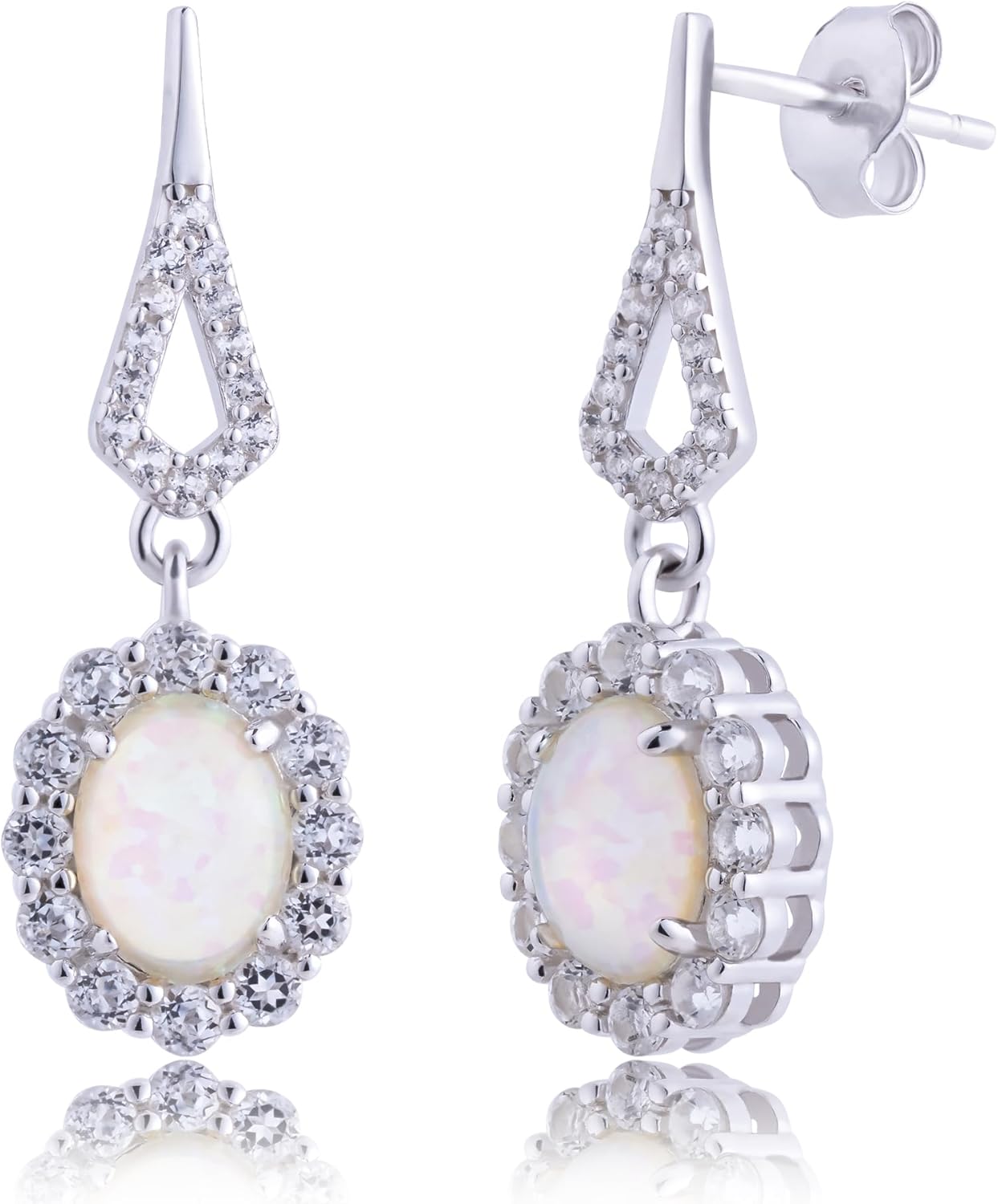 925 Sterling Silver Halo Sunburst Gemstone Oval Dangle Earrings for Women | Hypoallergenic 8x6mm Birthstone Earrings with White Topaz Accent Stones by MAX + STONE