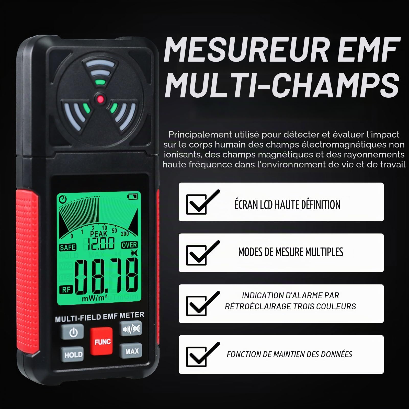 Compteur EMF ELF RF 3 en 1, détecteur de champ de rayonnement magnétique électrique AC, détecteur RF portable pour signal EF/RF/MF/WiFi/micro-ondes, compteur de rayonnement Emf adapté pour la maison