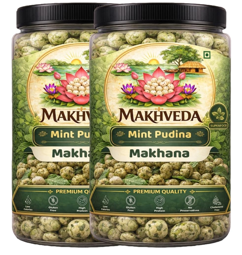 Makhveda Phool Makhana Roasted Fox Nuts Popped Lotus Seeds Healthy Snack Low Calorie High Protein Gluten Free Crunchy & Delicious Mint Pudina Flavor Roasted In Olive Oil Power Pack 100g-image-27