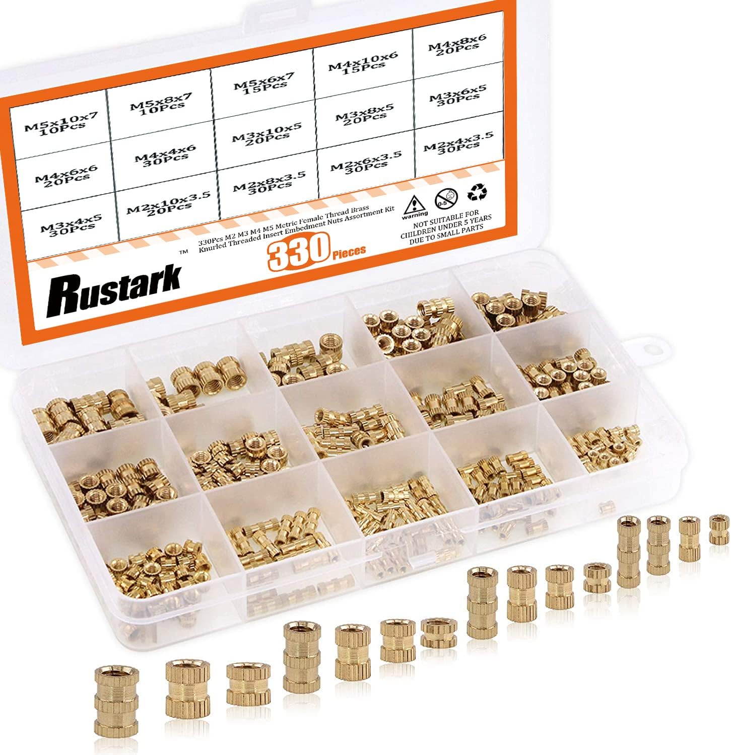 330Pcs M2 M3 M4 M5 Metric Female Thread Brass Knurled Threaded Insert Embedment Nuts Assortment Kit