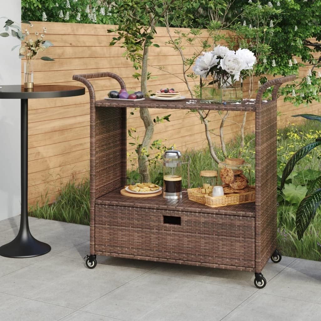 Bar Cart with Drawer, Outdoor Rolling Wicker Bar Cart