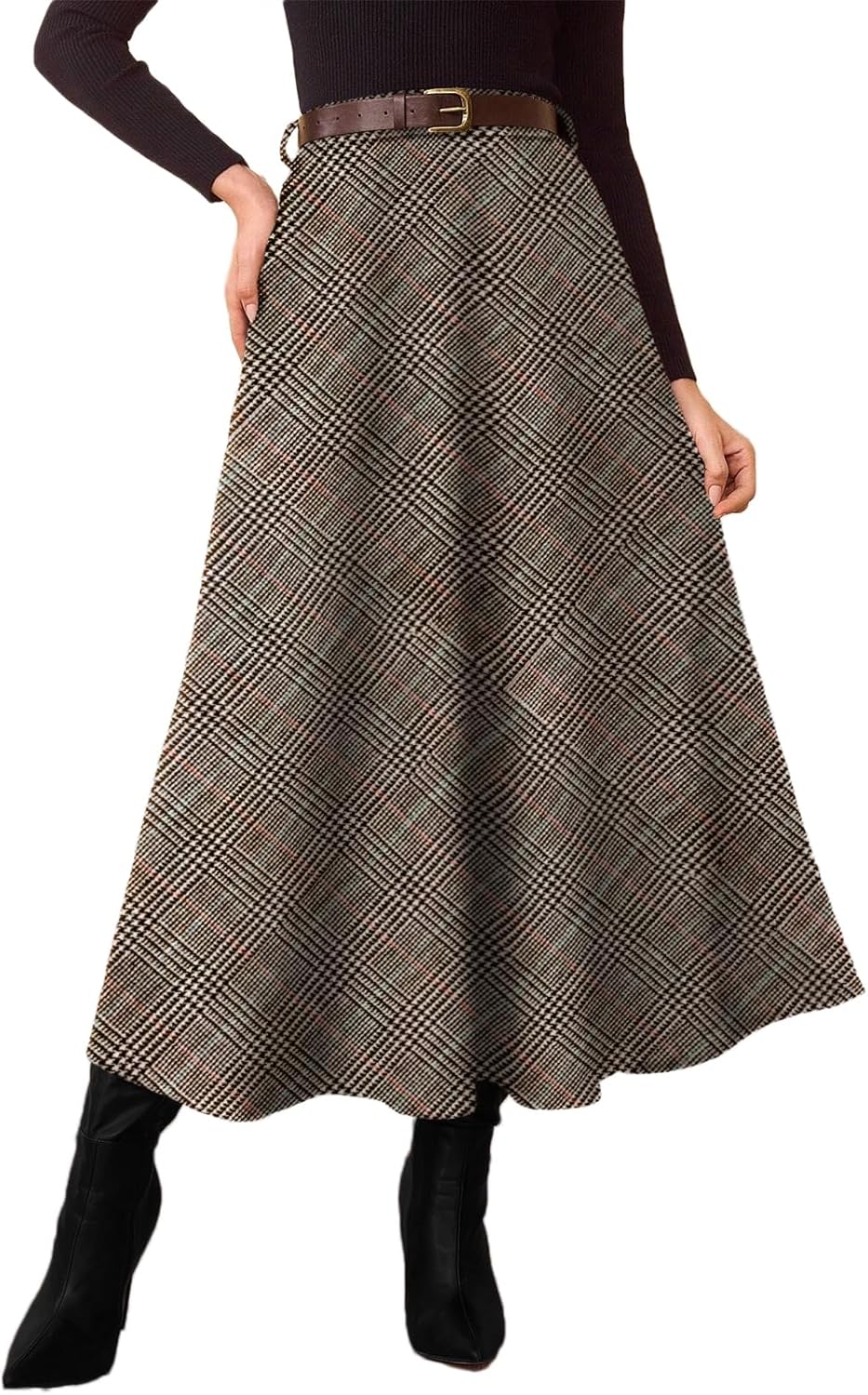 Pink Queen Plaid Skirts for Women 2026 Flared Vintage High Waist A Line Midi Tartan Skirts with Pockets