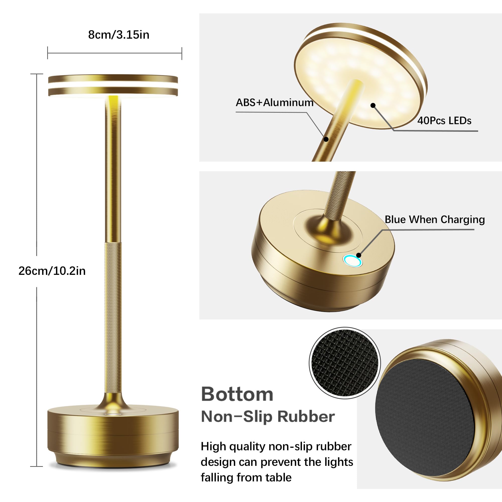 Bravzurg Kabellose LED-Tischlampe – Aluminium, Dimmbar, 5000mAh Akku, 3 Farbtemperaturen (3000/4500/6000K), IP54 Wasserdicht, Touch-Steuerung, Memory-Funktion, Für Indoor & Outdoor