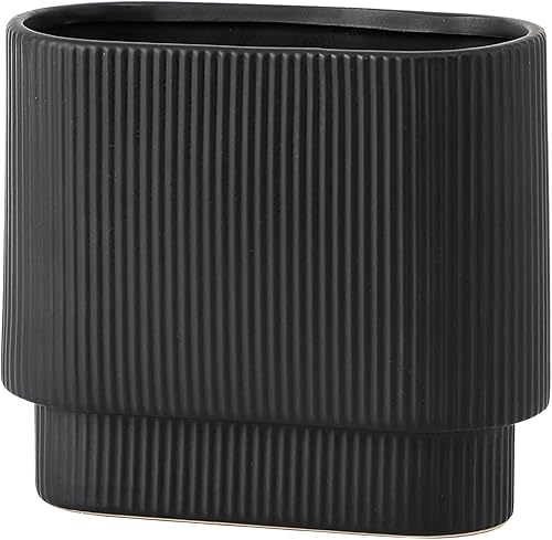 YANWE1 Florero de cerámica negra, jarrón decorativo, jarrón bohemio, jarrón lunar, jarrón acanalado, jarrón rectangular, jarrón de hierba de las