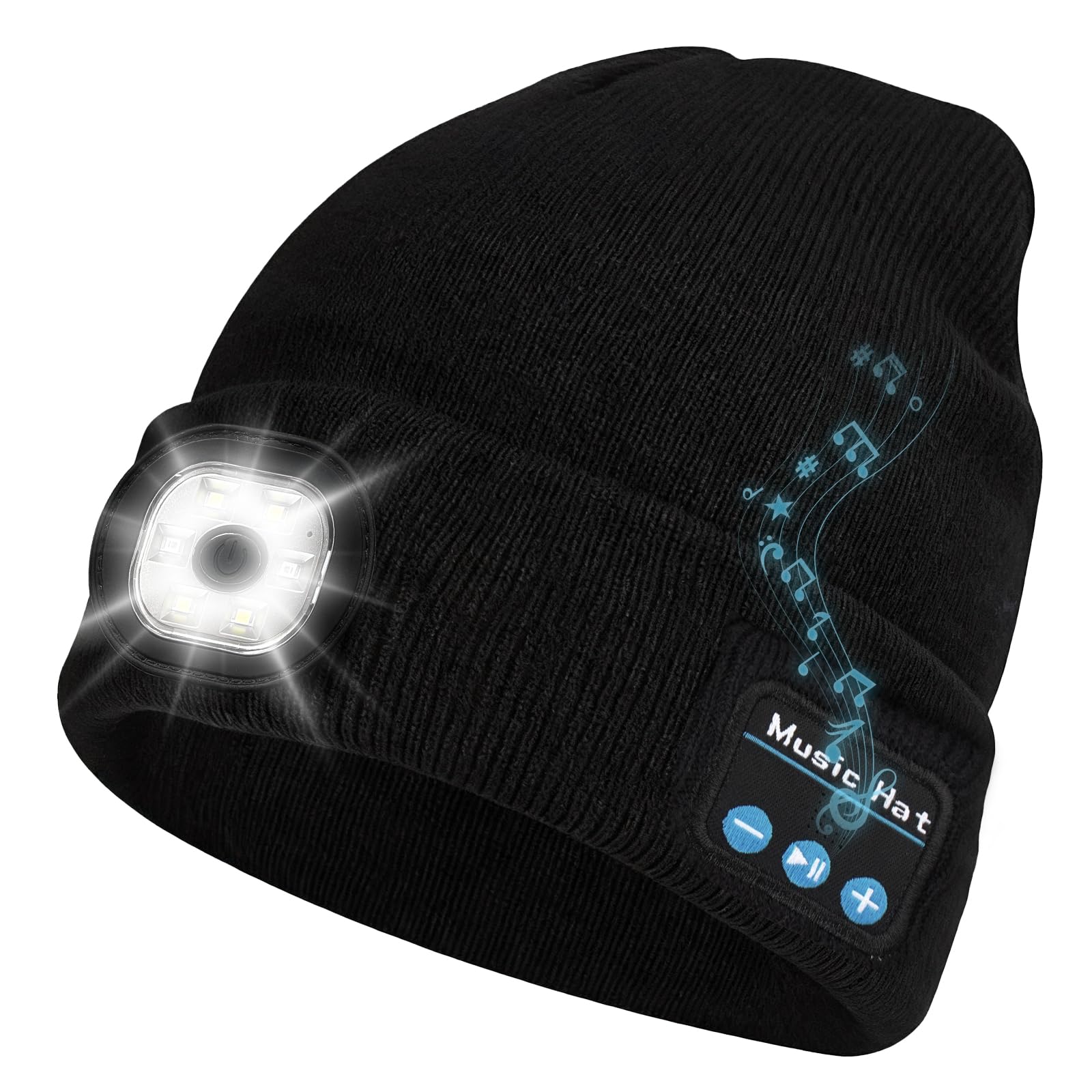 Bluetooth Beanie Hat with Light, Headlamp Cap with Headphones and Built-in Speaker Mic, Gifts for Men Women Husband Him Black
