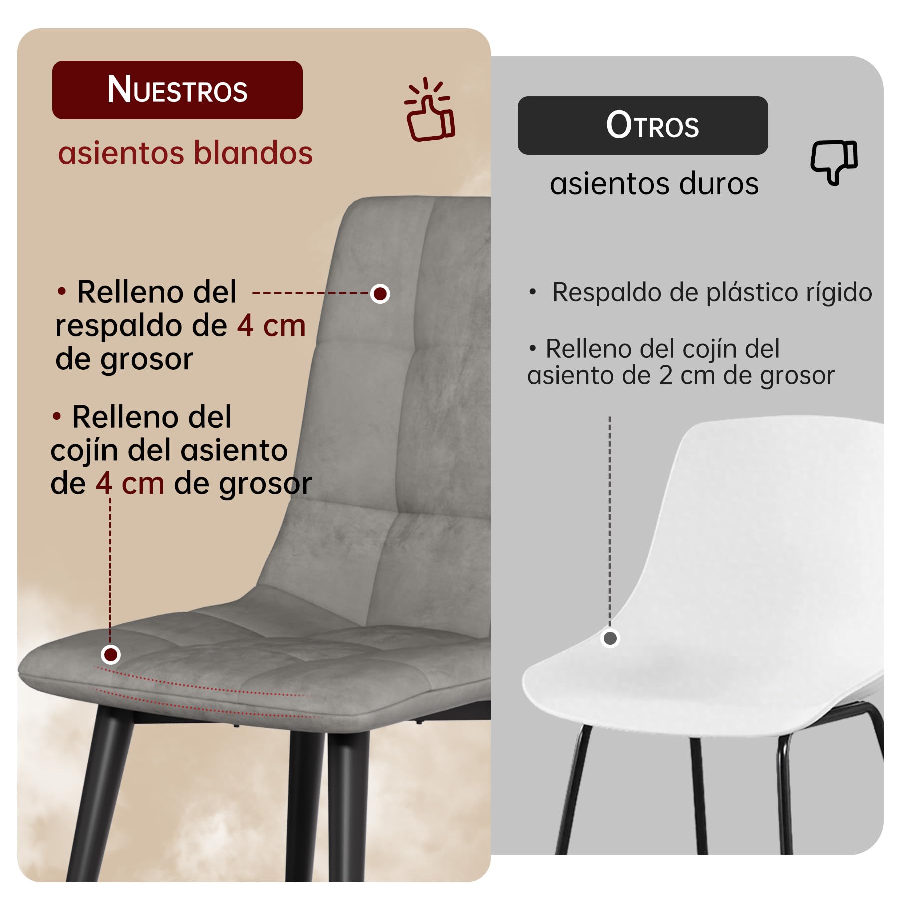 Juego de 4 Sillas Comedor Terciopelo, Estilo Nórdico Moderno, Tapizadas y Acogedoras, (Gris, 4 Pièces)